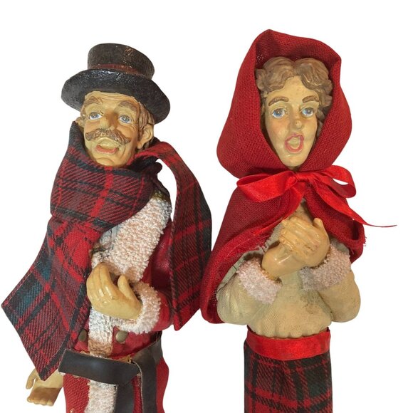 Vintage Christmas Caroler Figurines Set Of 2 Tall 21in Red & Green Plaid Details - Picture 2 of 8